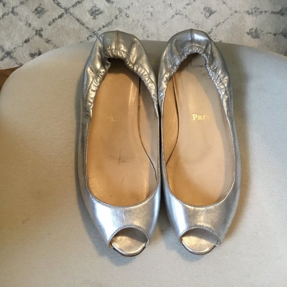 Christian Louboutin Silver Leather Peep-Toe Flats
